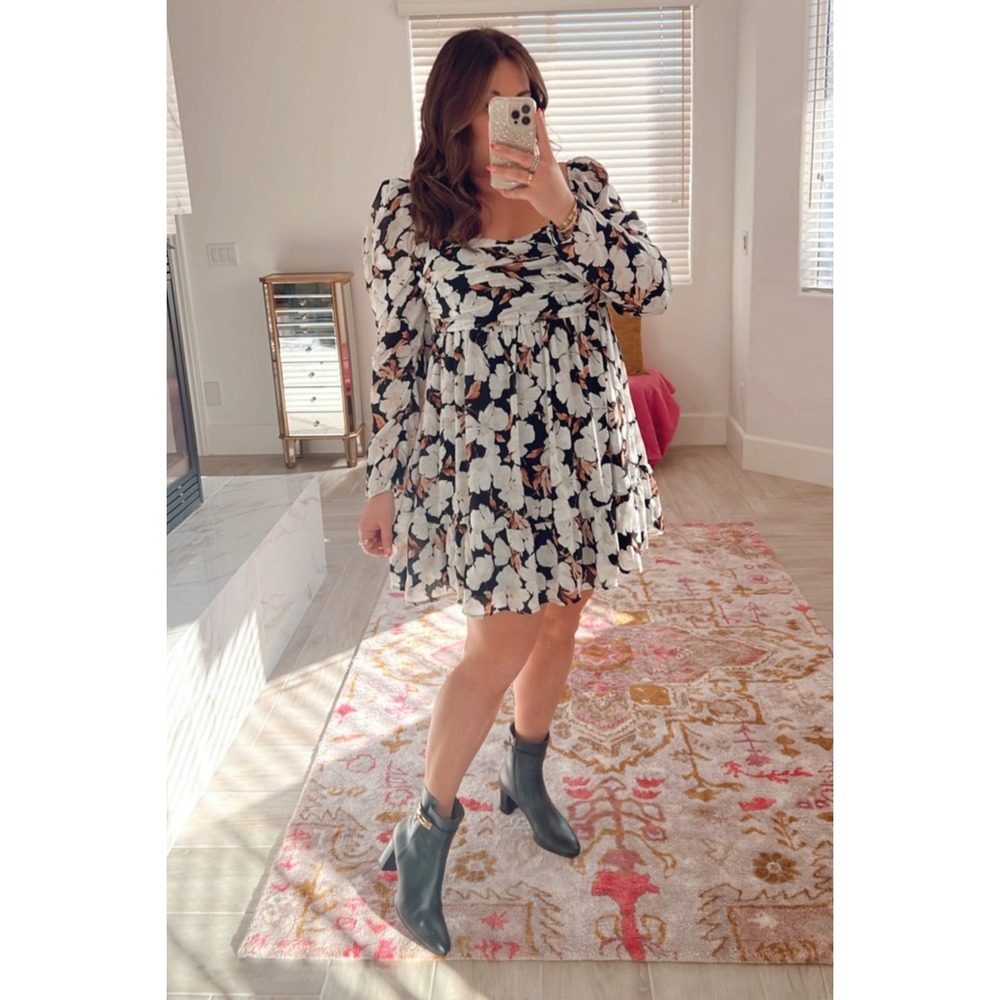 Abercrombie & Fitch Black White Floral Ruched Long Sleeve Mini Dress Size L Tall - Picture 2 of 11